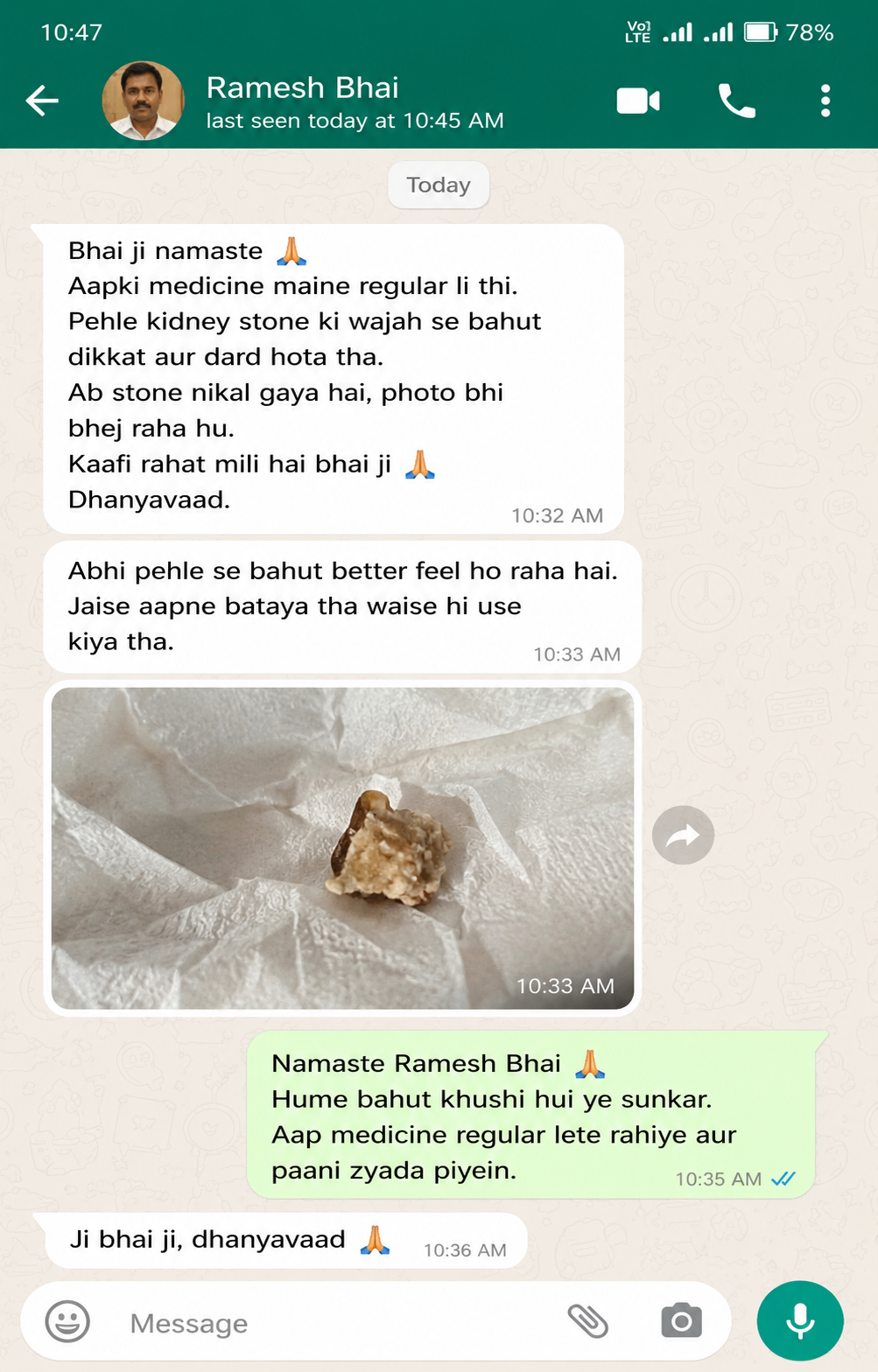 Customer experience shared on WhatsApp