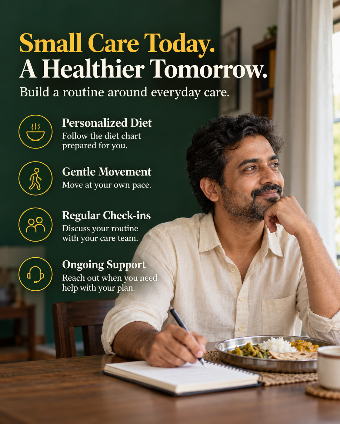 Illustrative everyday routines: personalized diet, gentle movement, regular check-ins and ongoing support