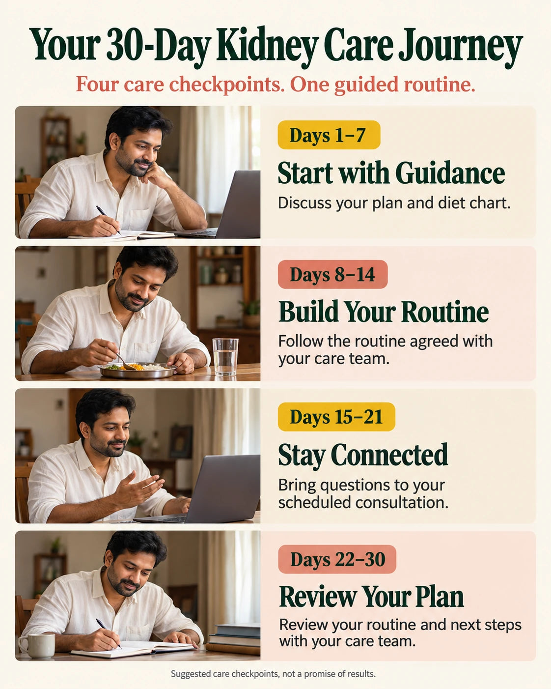 Four suggested care checkpoints across days 1 to 30: guidance, routine, check-in and review