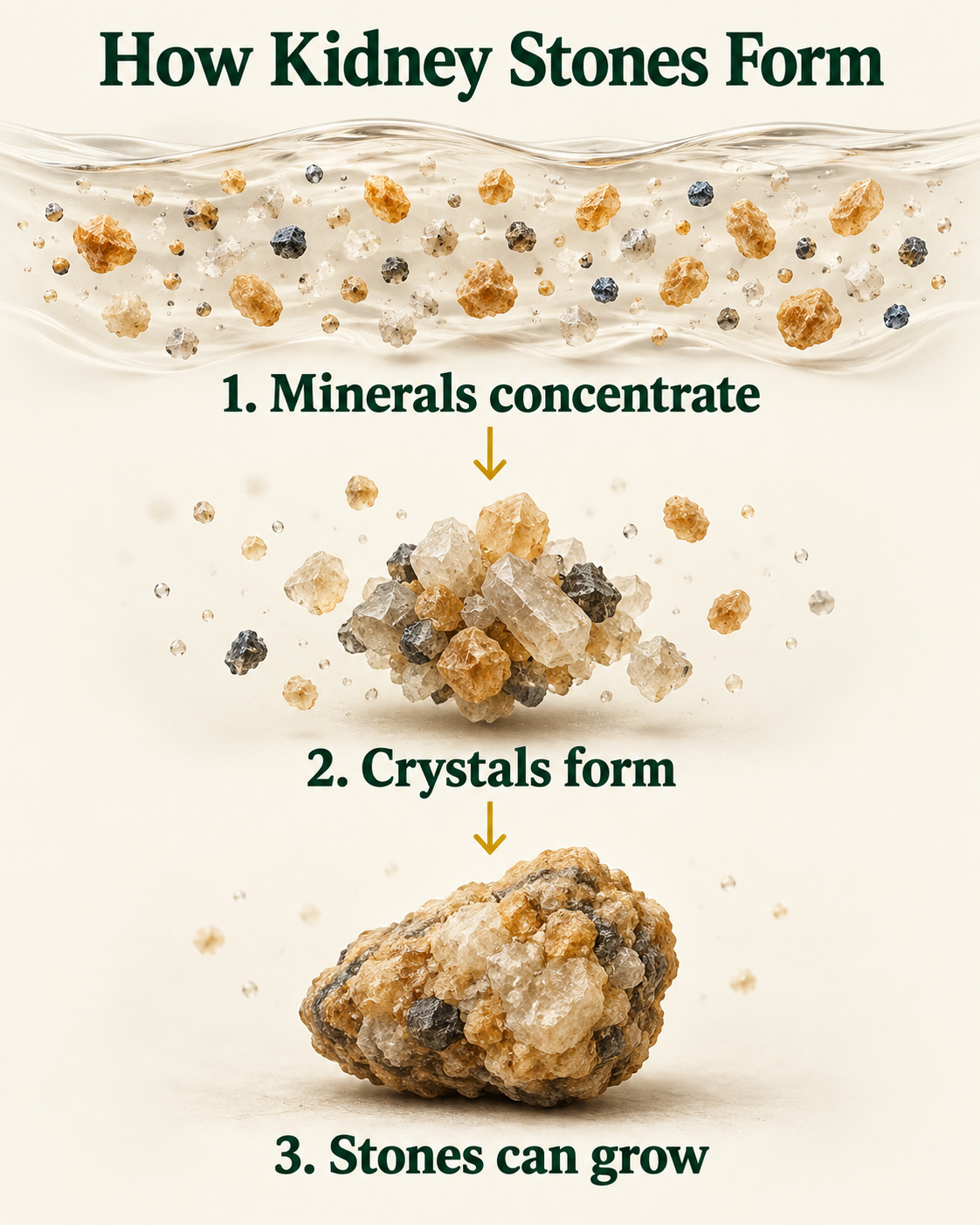 How kidney stones form: minerals concentrate, crystals form, and stones can grow. Simplified illustration.